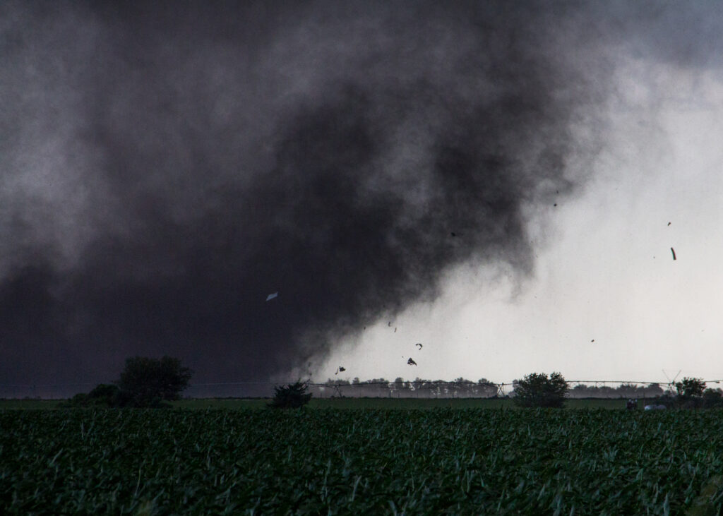 Debris being kicked up by a tornado near Bradshaw, NE on june 20, 2011