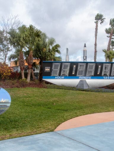 The countdown clock that was at the Kennedy Space Center media area for many years now sits outside of the Visitors Center