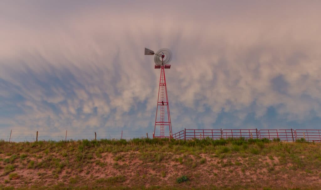 Windmill in front of mammatus clouds after storms in the Texas Panhandle in May 2020