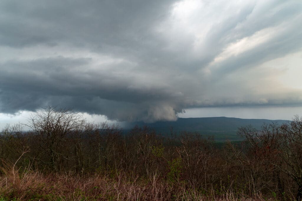 A supercell travels across eastern Oklahoma as viewed from Talimena Scenic Drive.